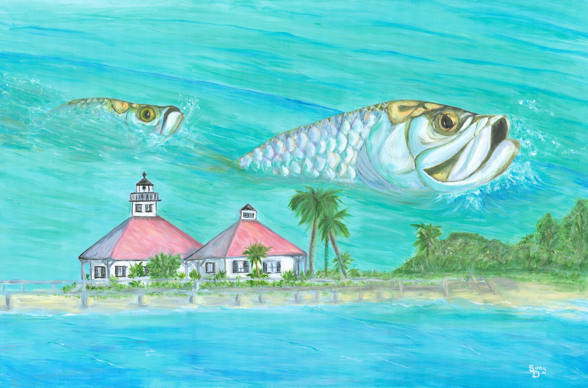 Tarpon Time — tarpon fish leaping over a coastal lighthouse scene